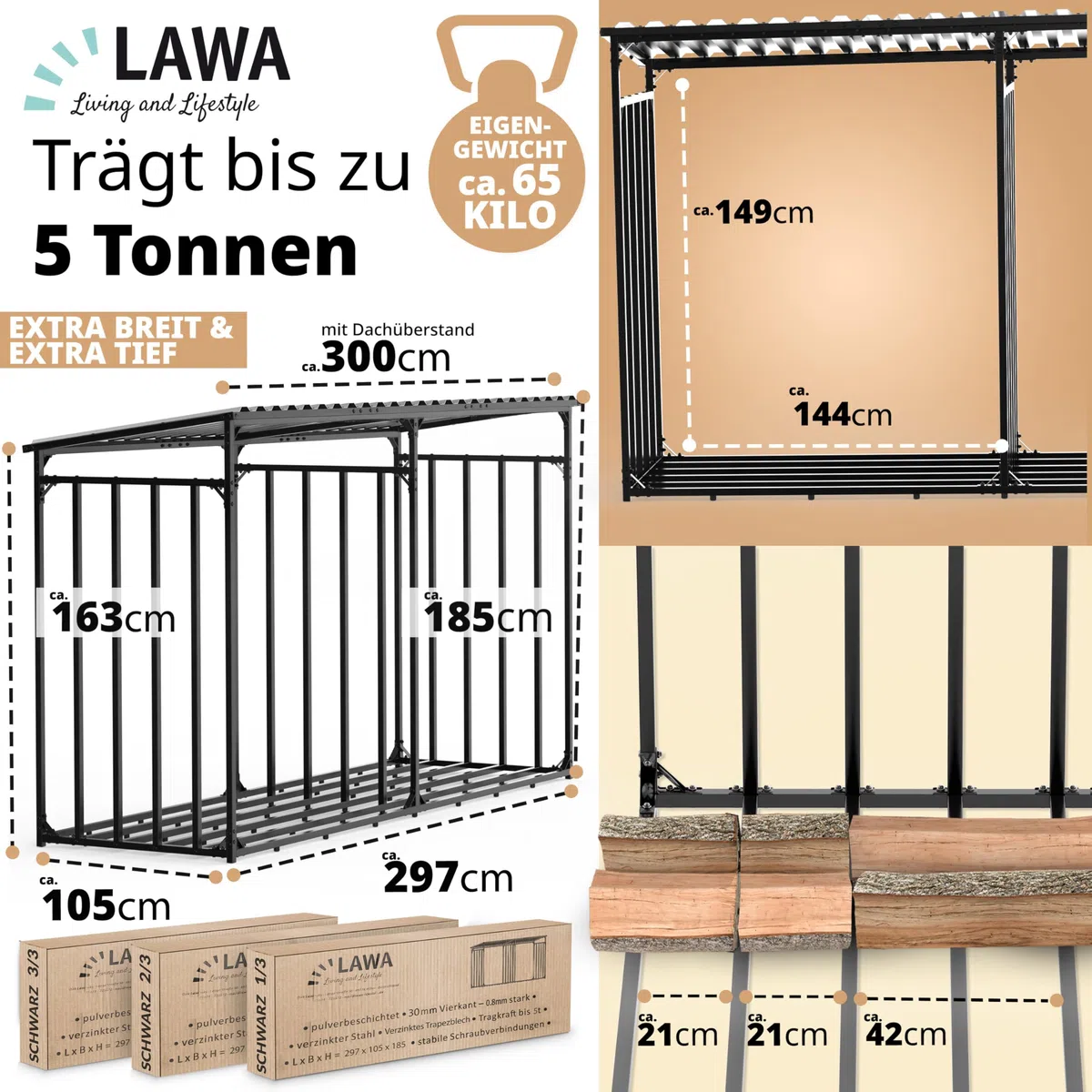 Zewnętrzny stojak na drewno metalowy z dachem 300x105x185 cm