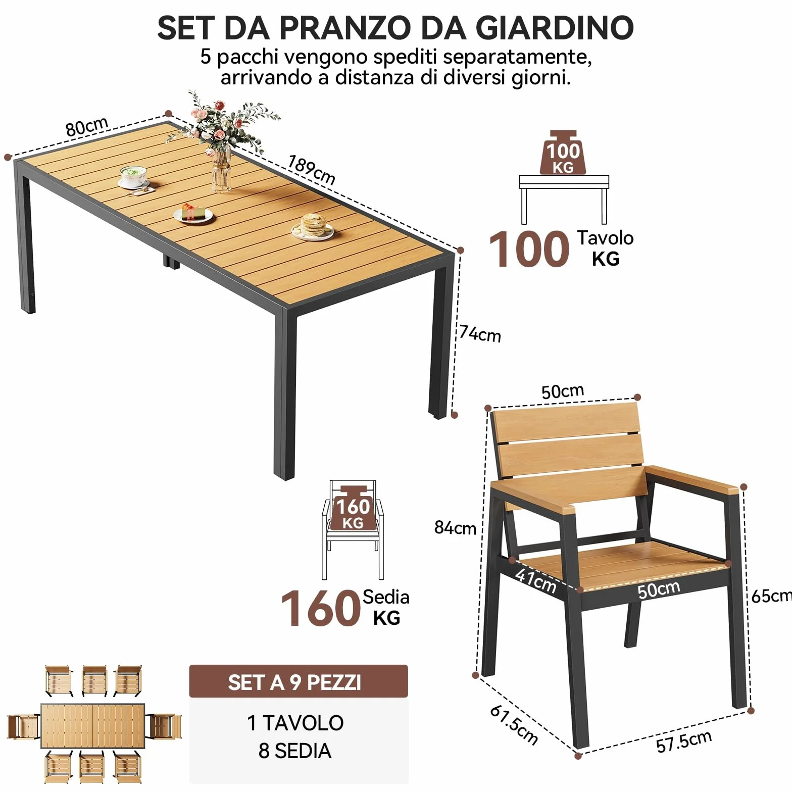 Devoko HDPS Set Tavolo e Sedie da Giardino 9 Pezzi Alluminio Finitura Vena di Legno 189 cm Naturale
