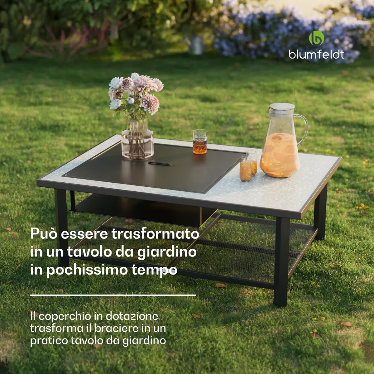 blumfeldt Merano Avanzato L Braciere da Giardino - 3-in-1 Braciere Barbecue & Tavolo, Telaio in Acciaio, Piano in Terrazzo, Include Griglia, Attizzatoio, Parascintille & Coperchio, Nero