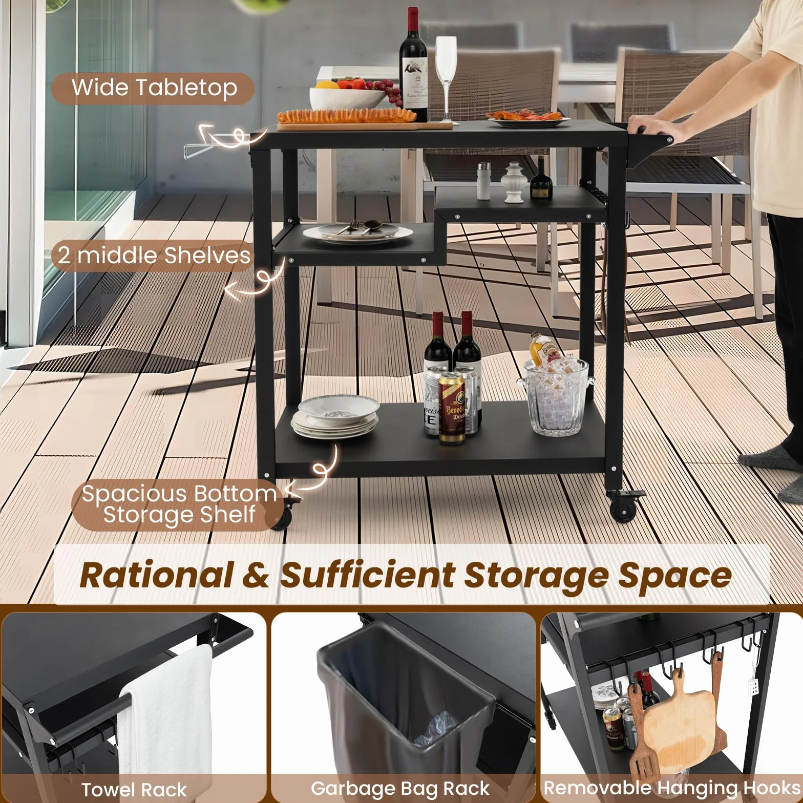 KOMFOTTEU Carrello Barbecue in Metallo, 4 Ripiani, 6 Ganci, Porta Sacchetti, Nero