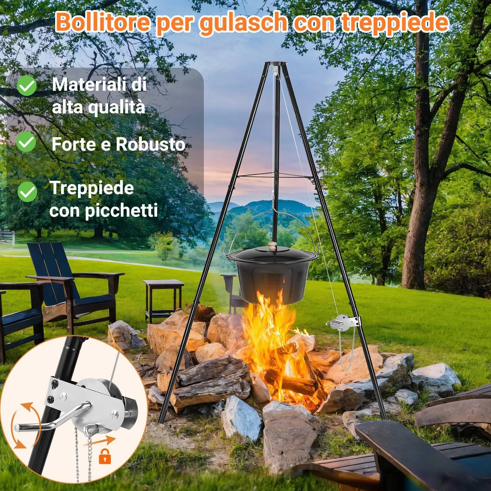 TLSUNNY Bollitore per Gulasch Ungherese Originale 10 L, Telaio per Treppiede con Regolazione, Set di Pentole per Gulasch, Pentola per Gulasch Smaltata, Treppiede Telescopico con Picchetti per Picnic