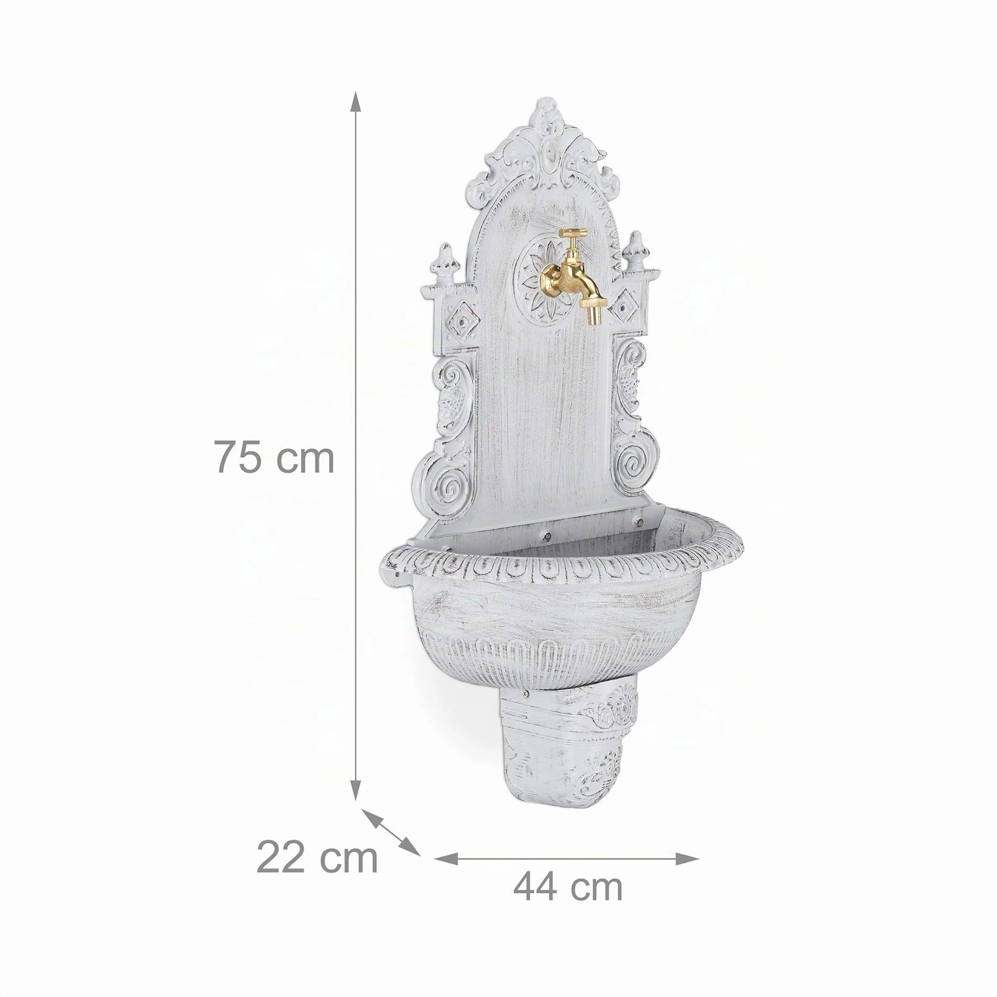 Relaxdays Fontana XL Antica a Parete, con Rubinetto, Lavabo per Giardino, in Lega di Alluminio, HLP 75x44x22 cm, Bianca