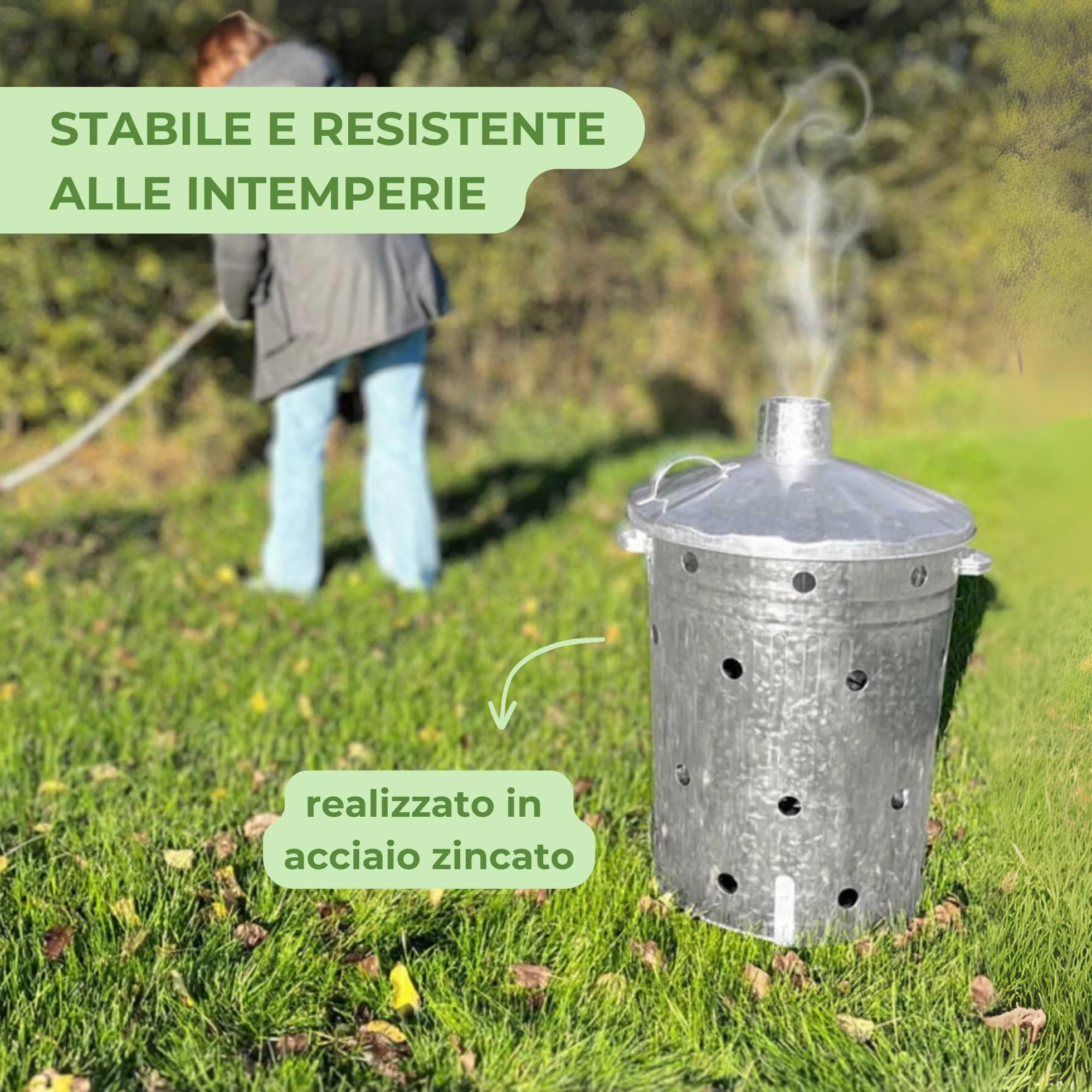 Rori Bidone fuoco XL rifiuti giardino coperchio rotondo 110 l