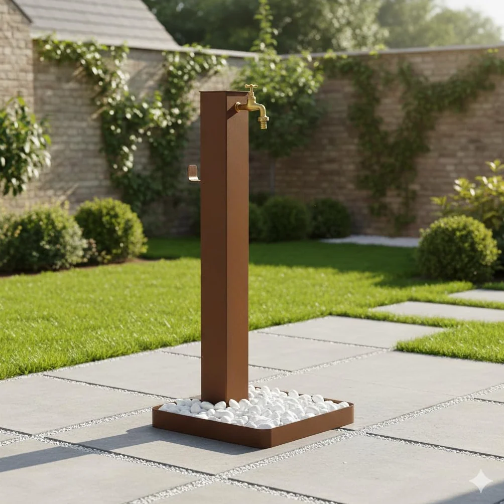 Fontana da Giardino Design a Colonna Quadrata Rubinetto in Ottone e Base con Ciottoli Corten