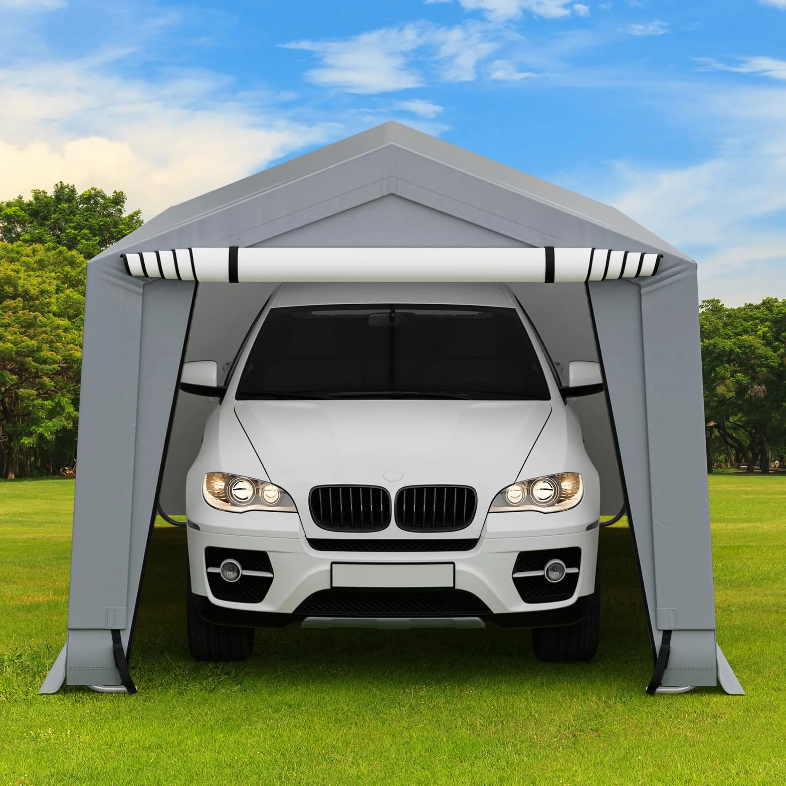 COSTWAY Tendone Garage 2,9 x 4,9 m Telaio in Acciaio Zincato Travi Triangolari Rinforzate Grigio