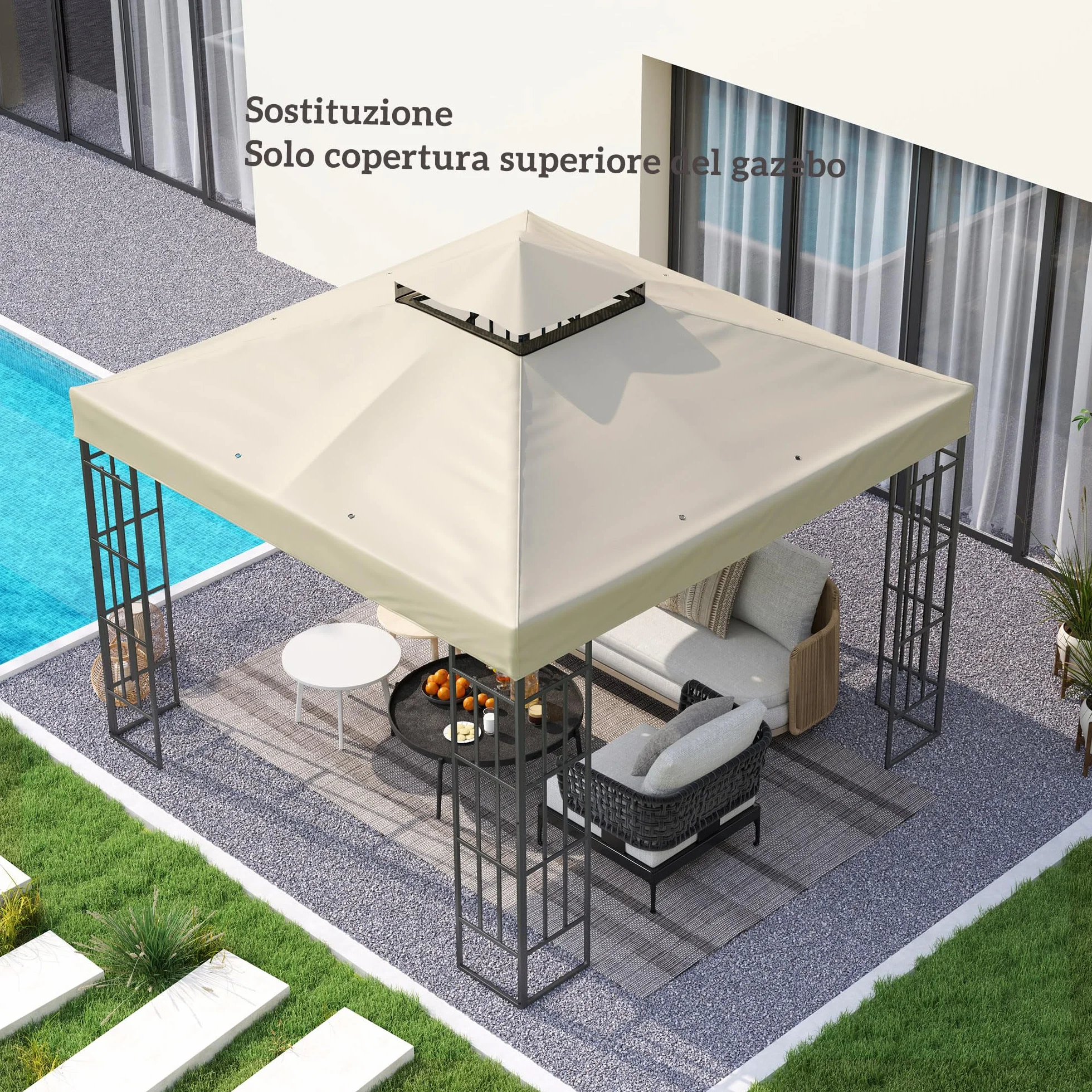 Outsunny Tetto di Ricambio per Gazebo 3x3 m 2 Livelli, Telo Copertura Resistente all'Acqua in Tessuto Oxford 370g/㎡ Anti-UV 30+ con Fori di Drenaggio, Crema