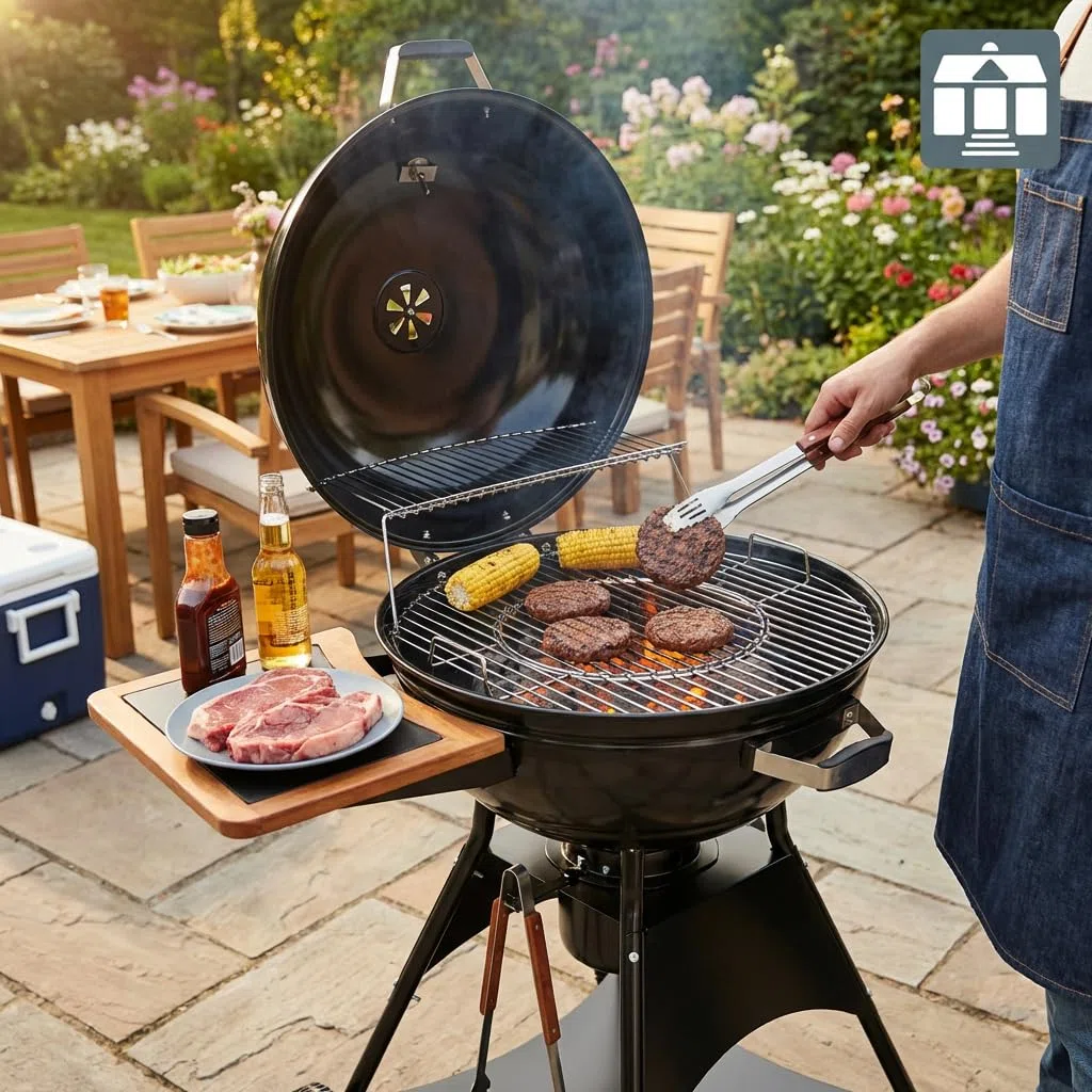 Tarrington House Barbecue a Carbone Burnaby Ø 53 cm, Acciaio, con Tavolino Laterale Pieghevole, 2 Ruote, Nero
