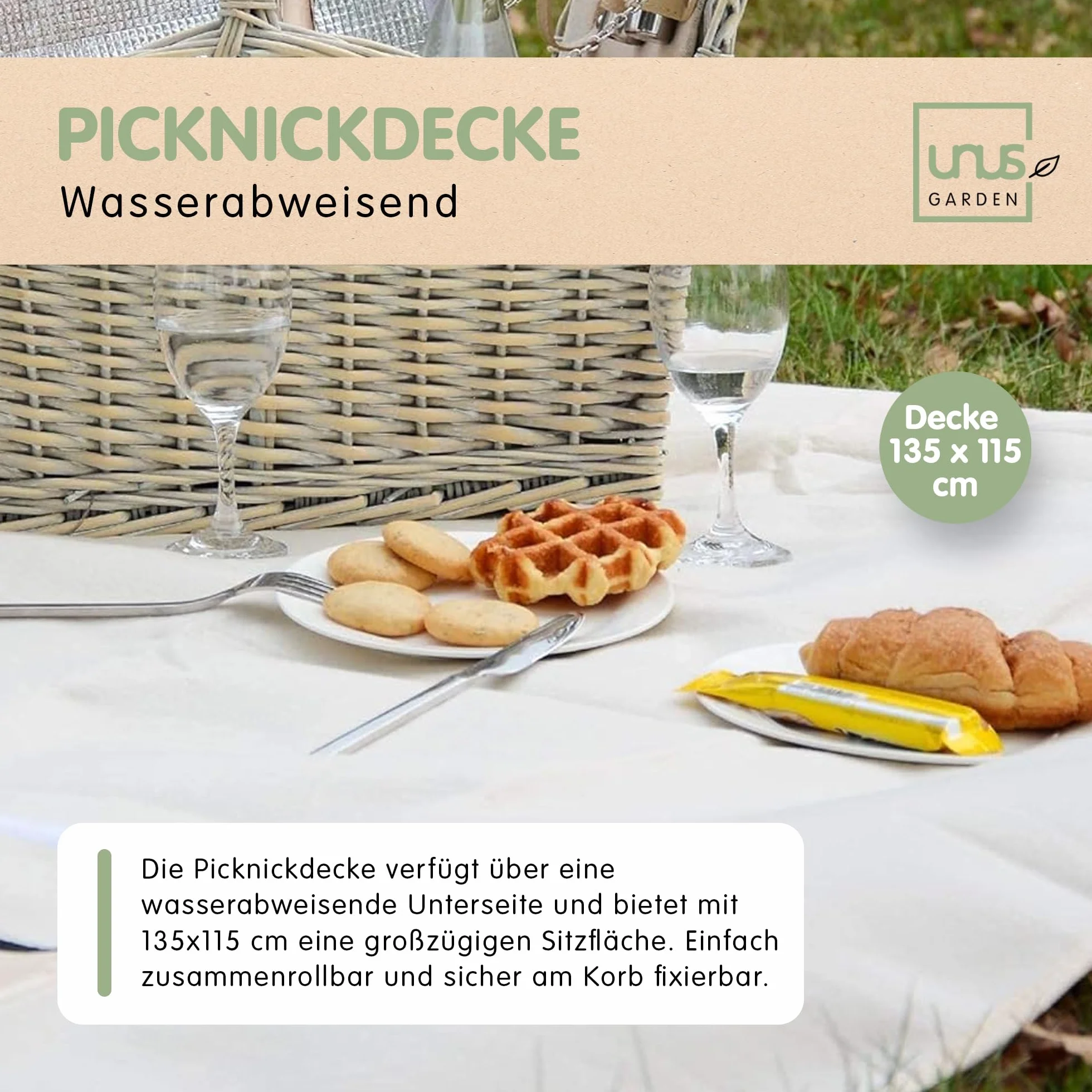 Set da picnic per 2 persone con cestino termico, coperta 135x115 cm, posate e stoviglie, grigio e beige