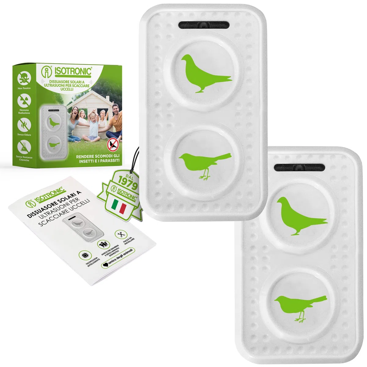 ISOTRONIC dissuasore uccelli ultrasuoni piccioni passeri gabbiani corvi batteria balconi tetti giardini raggio 50m² 2 unità efficace esterno protezione difesa stop volatili ecologico mobile casa