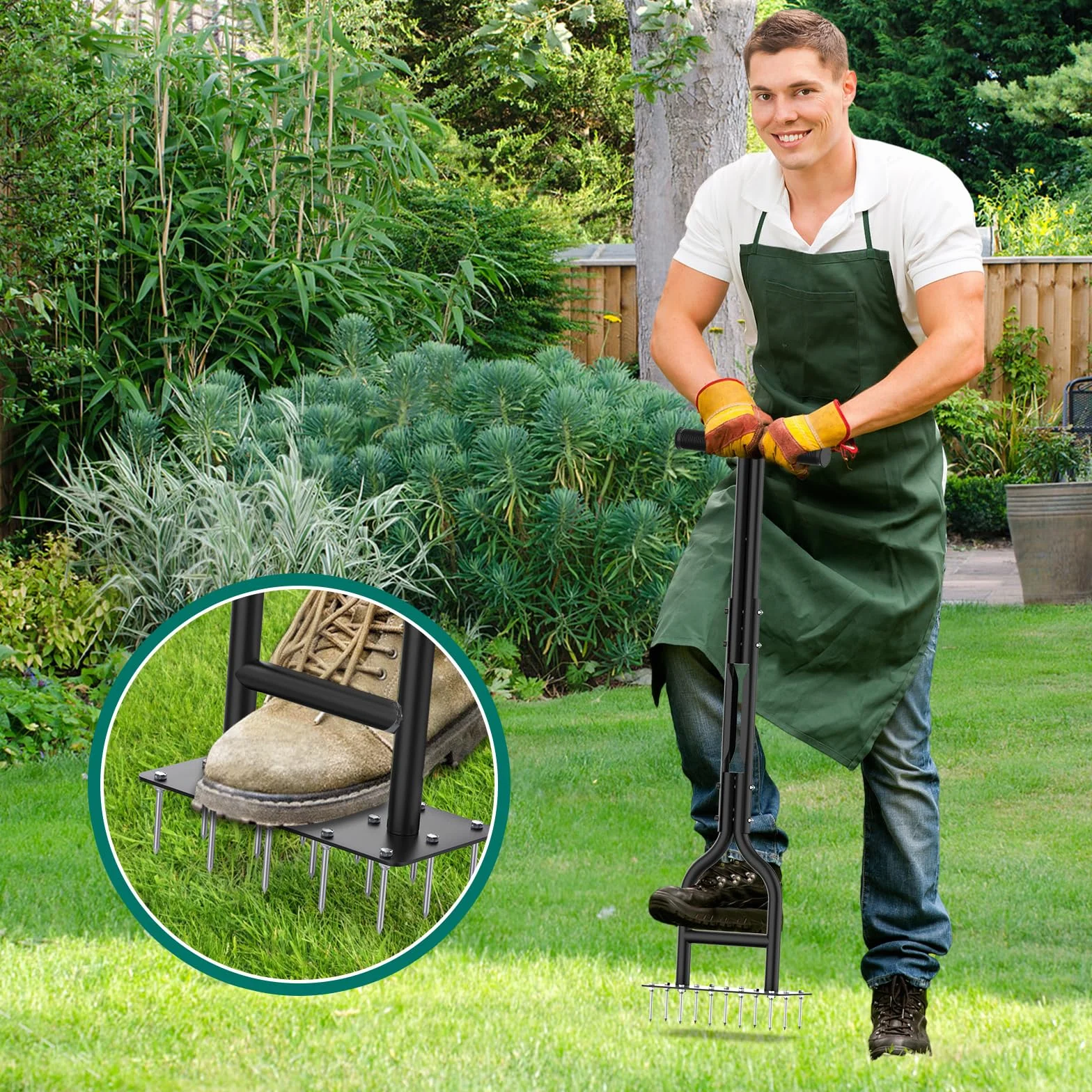 HYCHIKA Arieggiatore per Prato Manuale, 15 Pezzi di Punte in Acciaio Massiccio, Scarificatore per Prato, Aeratore per Prato Giardino