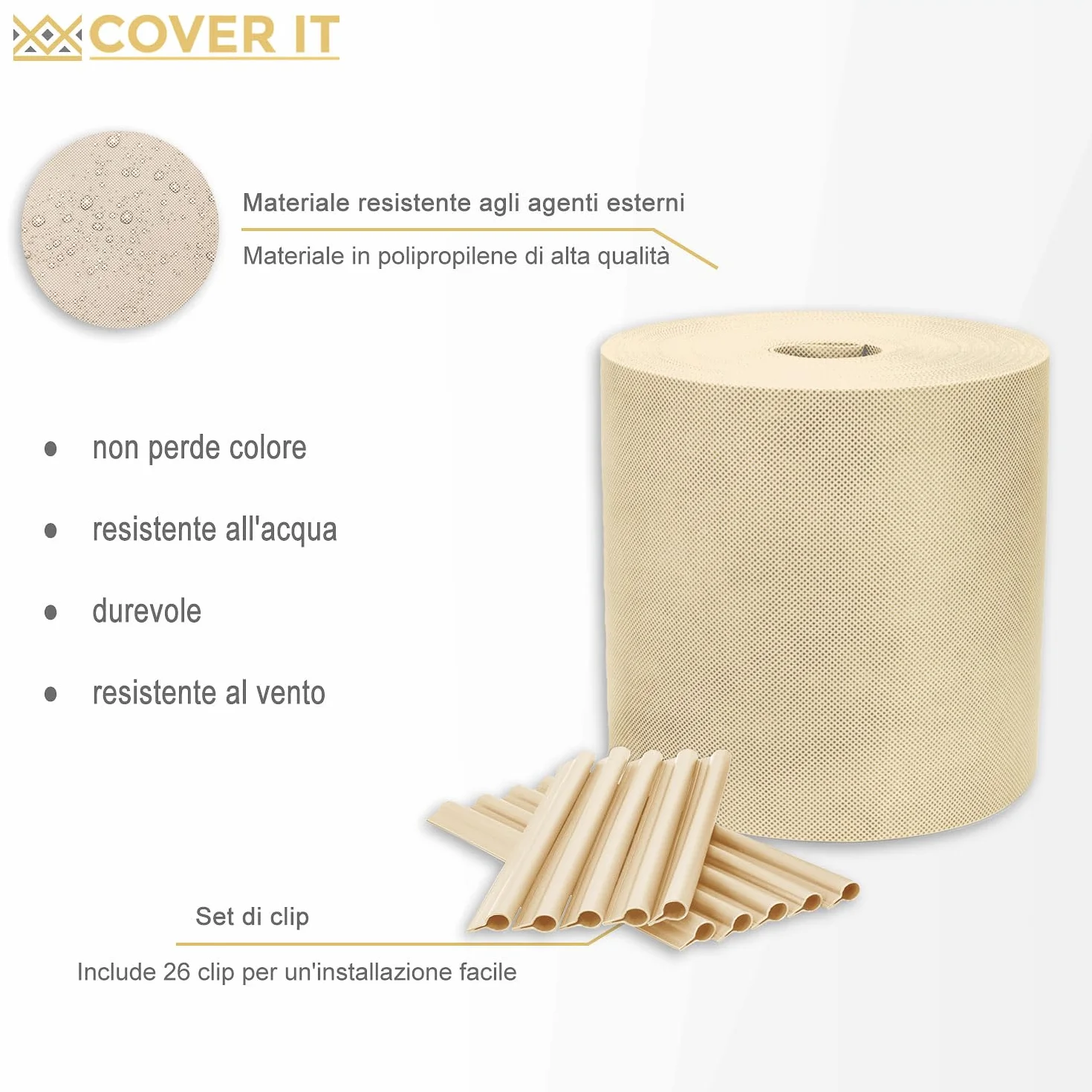 COVER IT Beige Rotolo Frangivista da Esterno 19cmx33m - Frangivista per Recinzione Giardino Peso Base 150 g/m2 - Strisce Frangivista PVC - Ombreggiante per Recinzione