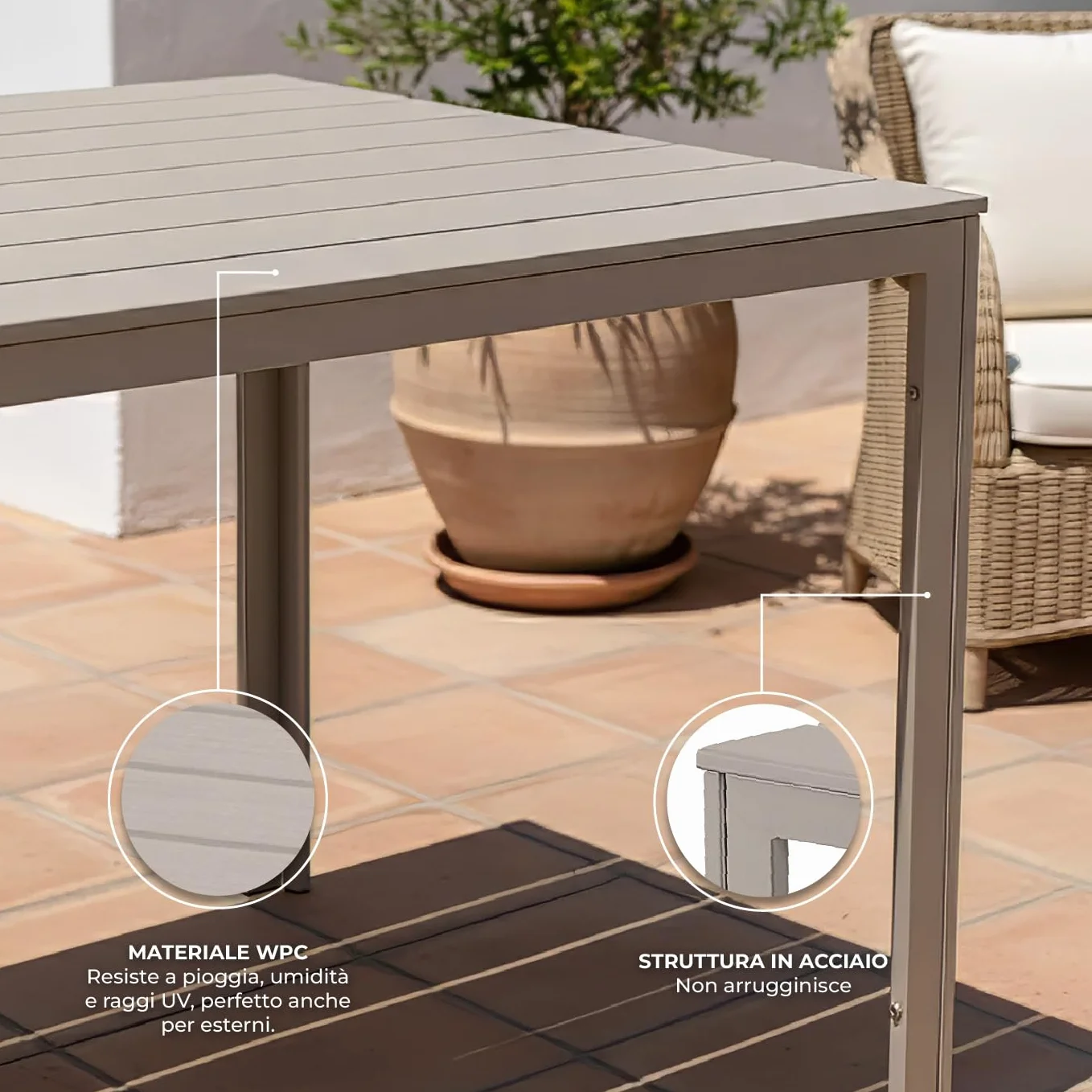 IlGruppone Tavolo da Esterno 154x78 cm Acciaio Inox HDPE Effetto Legno 6/8 Posti Beige