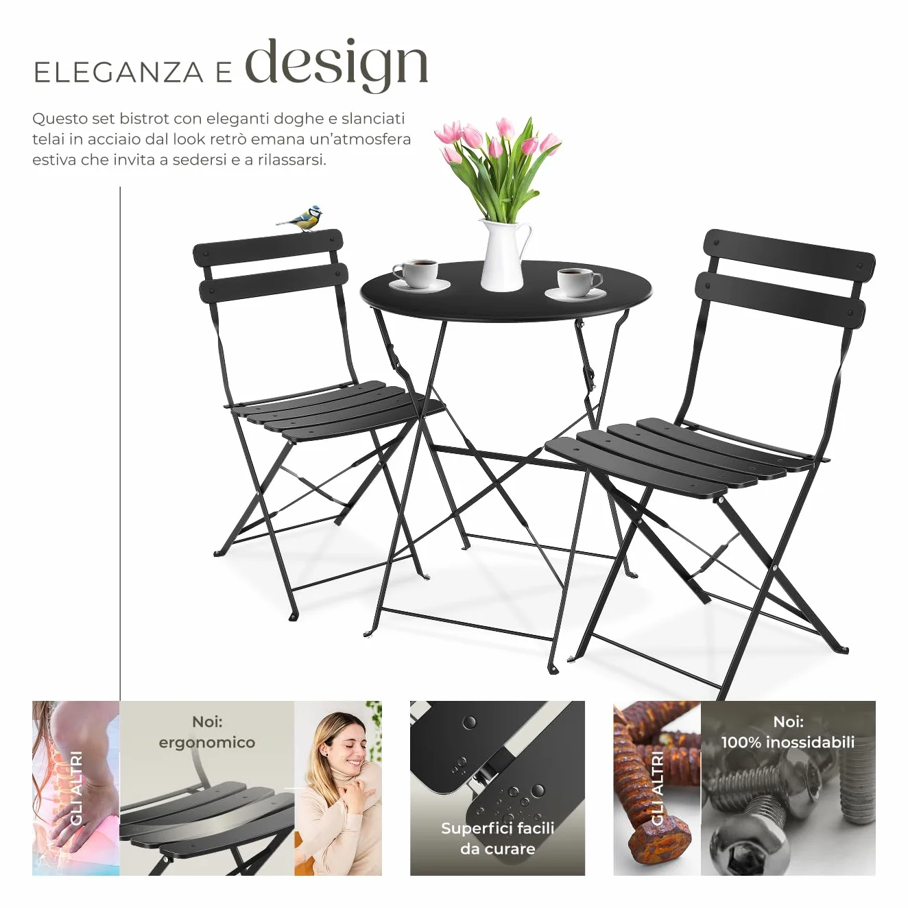 Tectake Set Bistrot Pieghevole per 2 Persone Telaio Acciaio Tavolo e Sedie Giardino Nero