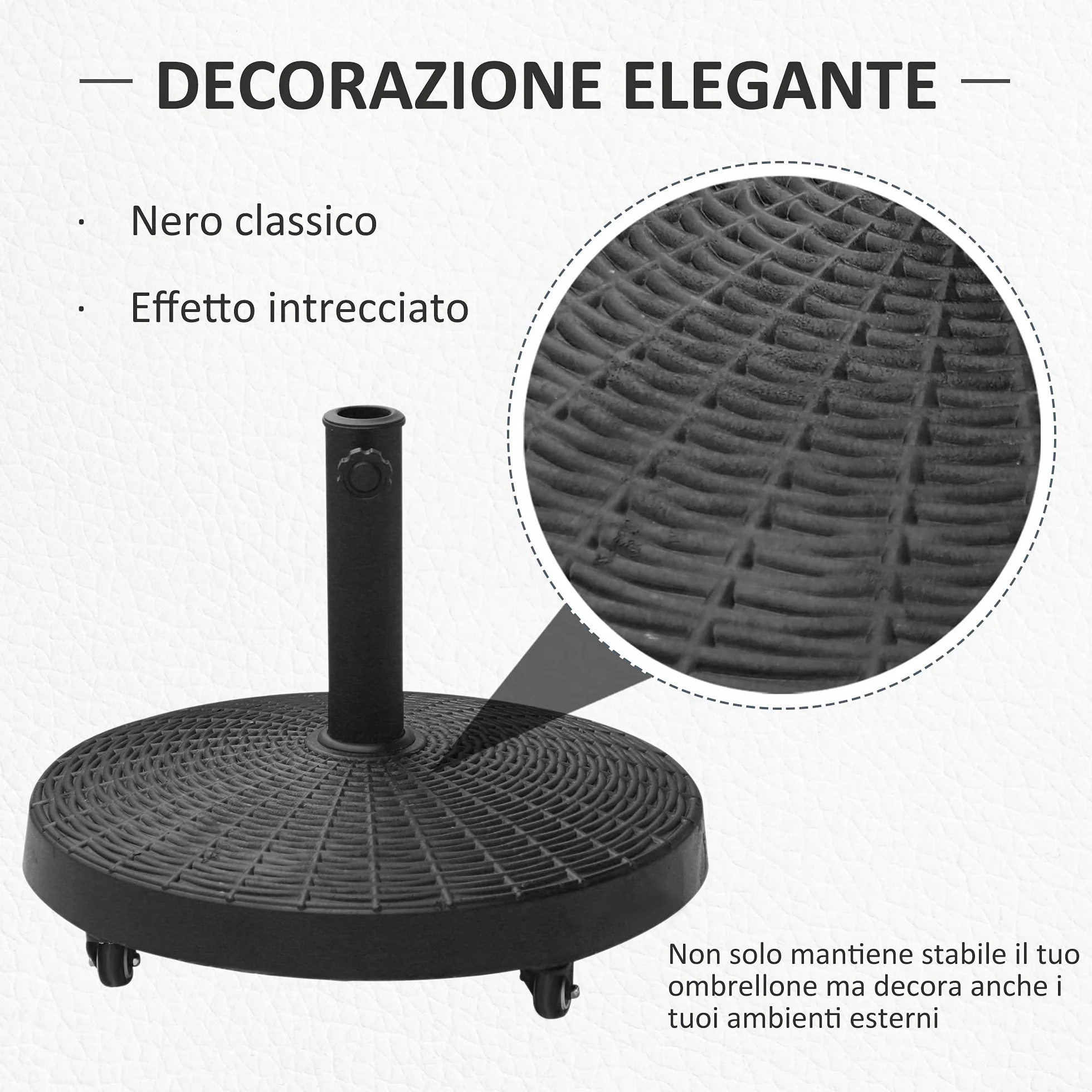 Outsunny Base per Ombrellone da Giardino Rotonda a 4 Ruote con Freni, Base Ombrellone in Metallo e Resina, per Pali di Ombrelloni da Ø38/48 mm, Ø52x41 cm, Nero