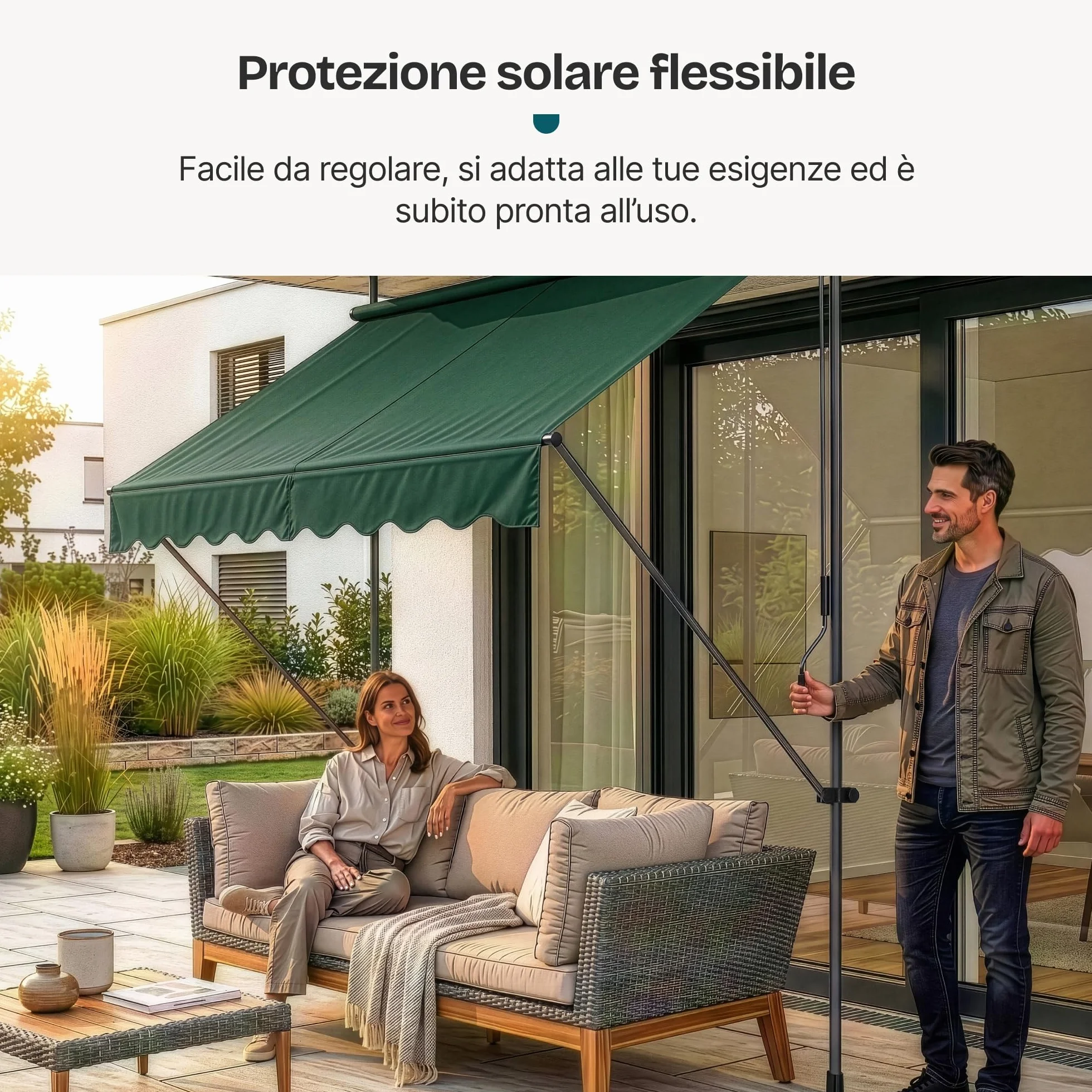 pro.tec Tenda da Sole a Muro 300x120 cm Verde Scuro con Pali Telescopici Manovella