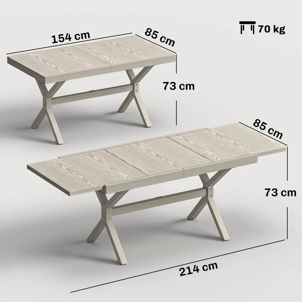 Outsunny Tavolo da Giardino Allungabile per 8-10 Persone 154/214x85cm, Tavolo da Pranzo Estensibile Esterno Alluminio Piano Effetto Legno, Gambe a X Acciaio per Patio Terrazzo Balcone, Grigio Argento