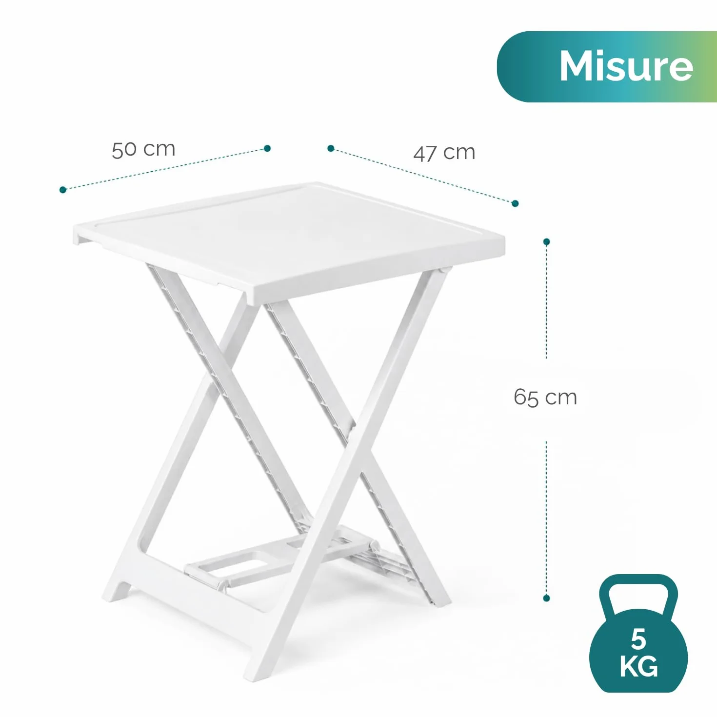 VIRSUS Tavolo Pieghevole da Giardino in Plastica Bianco 50x47x65 cm