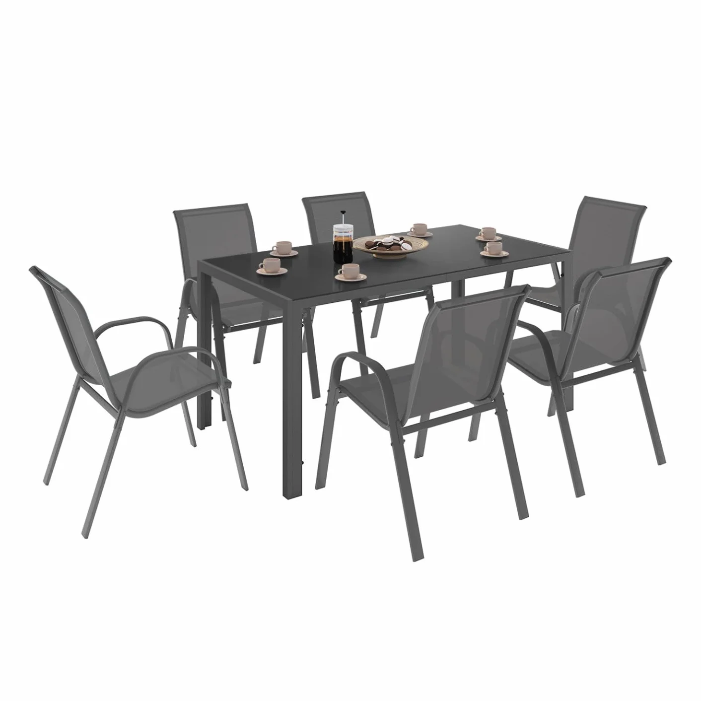 Set di mobili da Giardino Madrid Tavolo 150 CM e 6 sedie impilabili Grigio Antracite
