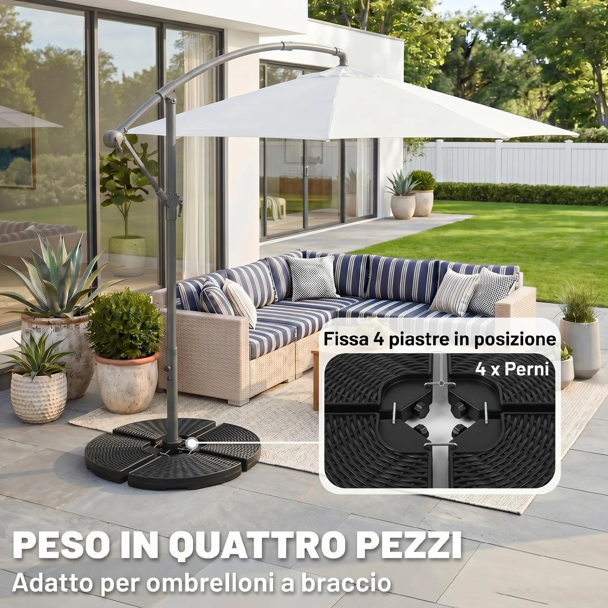 Outsunny Base per Ombrellone a Braccio da 4 Pezzi in HDPE Riempibili con Acqua e Sabbia, Ø100x8 cm, Nero