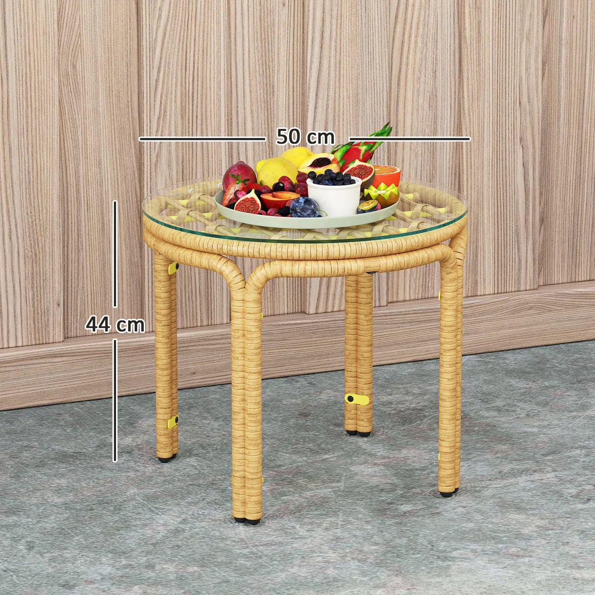 Outsunny Tavolino da Giardino in Rattan e Vetro, Tavolo da Caffè Rotondo Ø50x44 cm, Giallo