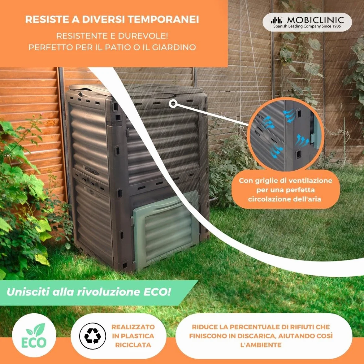 Mobiclinic®, Compostiera da giardino, Biopattumiera, Senza costi aggiuntivi, 300l, Ecologico, Trasformatore di rifiuti, Attrezzi, Griglie ventilazione, Plastica riciclata
