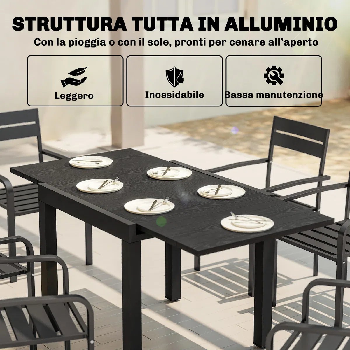 Outsunny Tavolo da Giardino Allungabile per 4-6 Persone 80/160x80 cm, Tavolo da Pranzo Esterno Estensibile Rettangolare in Alluminio con Piano Effetto Legno a Doghe, per Patio Terrazzo Balcone, Nero