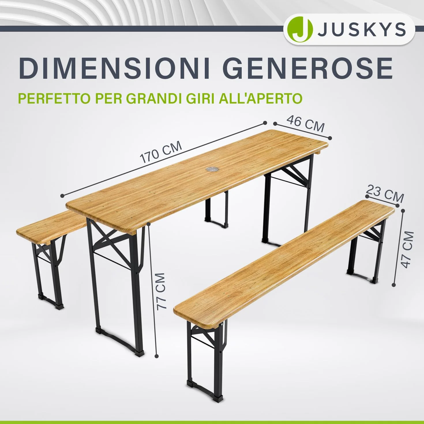 Juskys Set birreria Bichl 3 pezzi pieghevole 170x46x77 cm - Set mobili da giardino tavolo da birra e 2 panche da birra