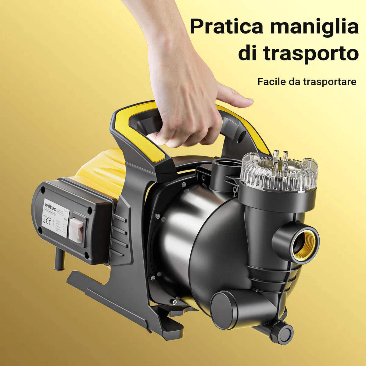 Wiltec Pompa da giardino 1200 W in acciaio inox 3800 l/h altezza mandata 48 m profondità 8 m con prefiltro