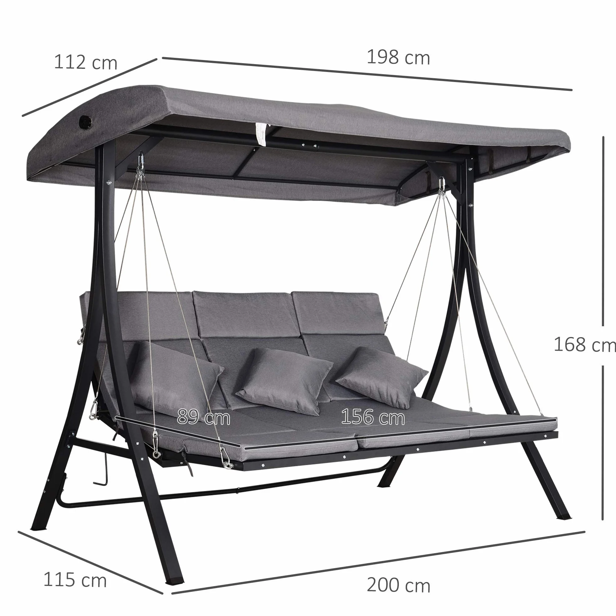 Outsunny Dondolo da Giardino a 3 Posti, Dondolo da Esterno con Chaise Longue e Tetto Regolabile, Nero e Grigio, 200 x 115 x 168 cm