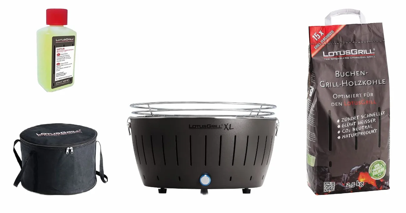 LotusGrill XL Starter-Set, grill, węgiel bukowy 2,5 kg, pasta zapalająca 200 ml, torba transportowa (Black)
