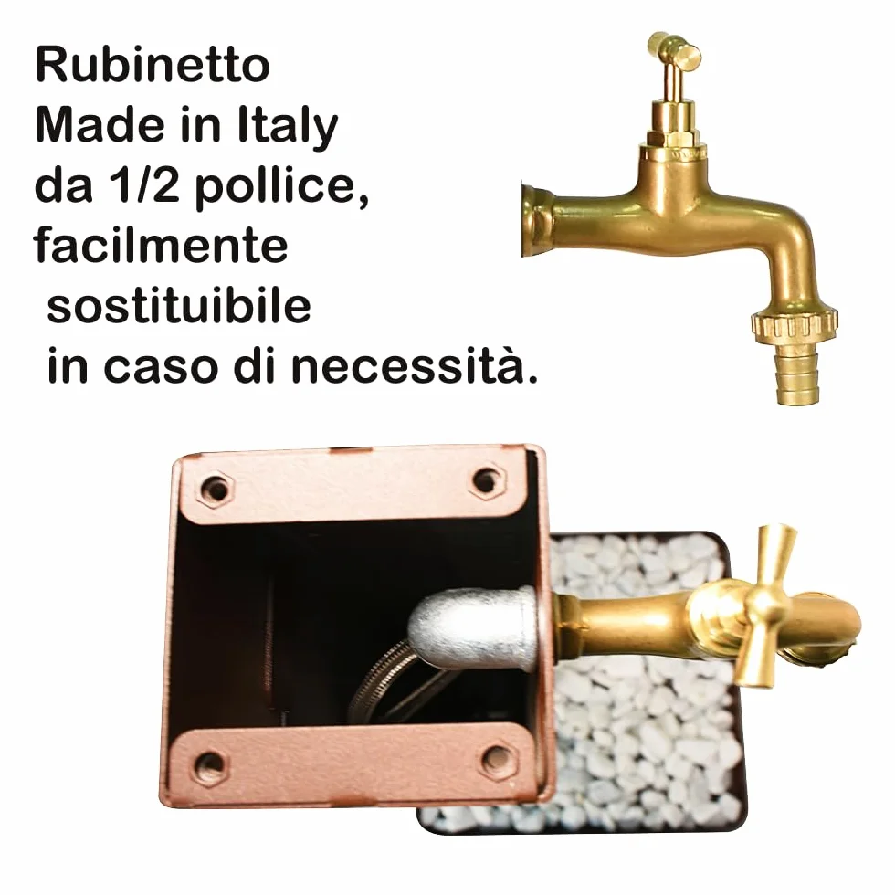 Fontana da Giardino Antracite con Base in Cemento, Fontana da Esterno in Acciaio Verniciato, Rubinetto in Ottone con Tubo Flessibile e Raccordo e portatubo, Fontanella per Esterni Made in Italy