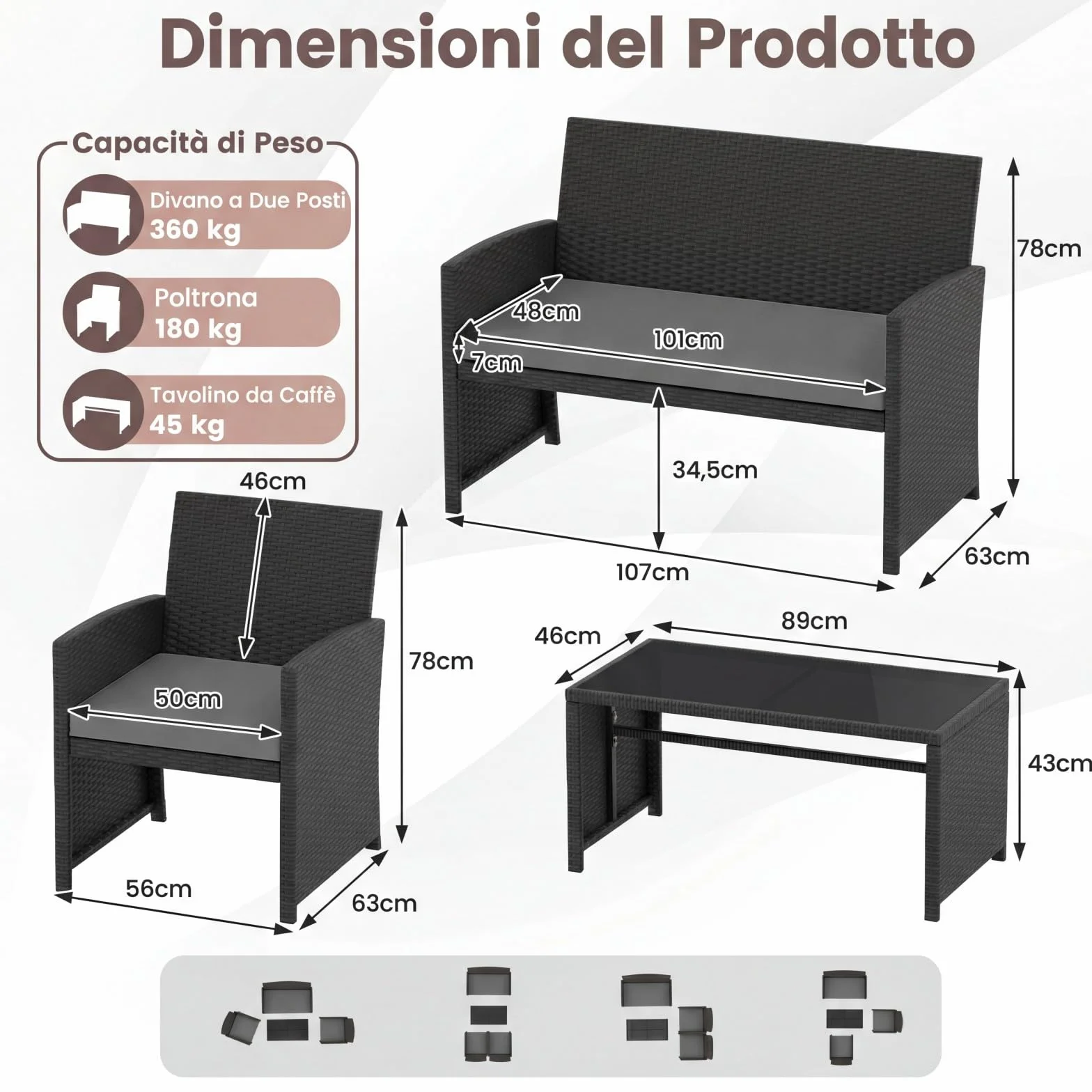 COSTWAY Set Salotto da Giardino 4 Pezzi, Divanetto e Poltrone in Rattan con Tavolino da Caffè in Vetro Temperato, Grigio