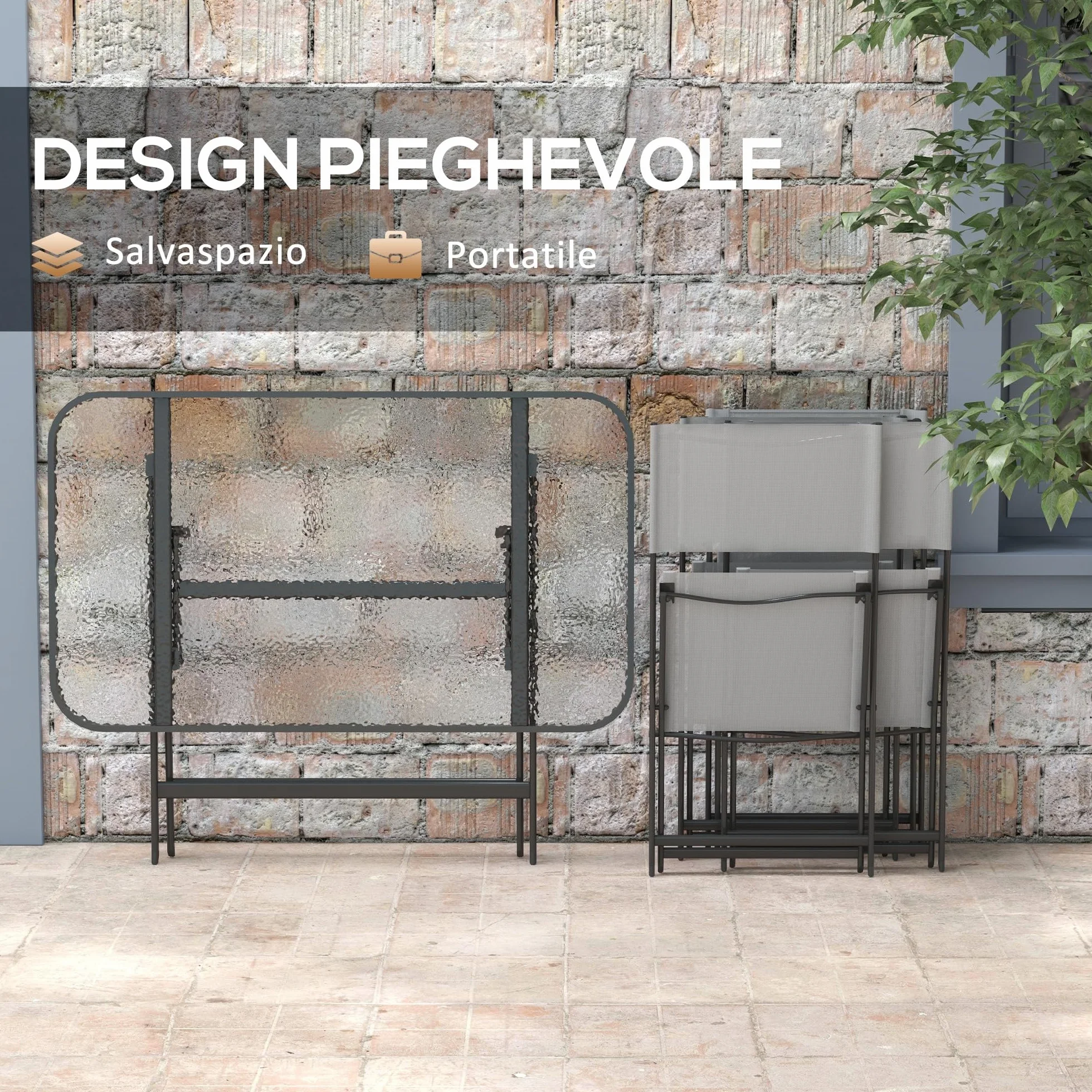Outsunny Set Tavolo e Sedie da Giardino 5 Pezzi Pieghevole, Metallo, Grigio