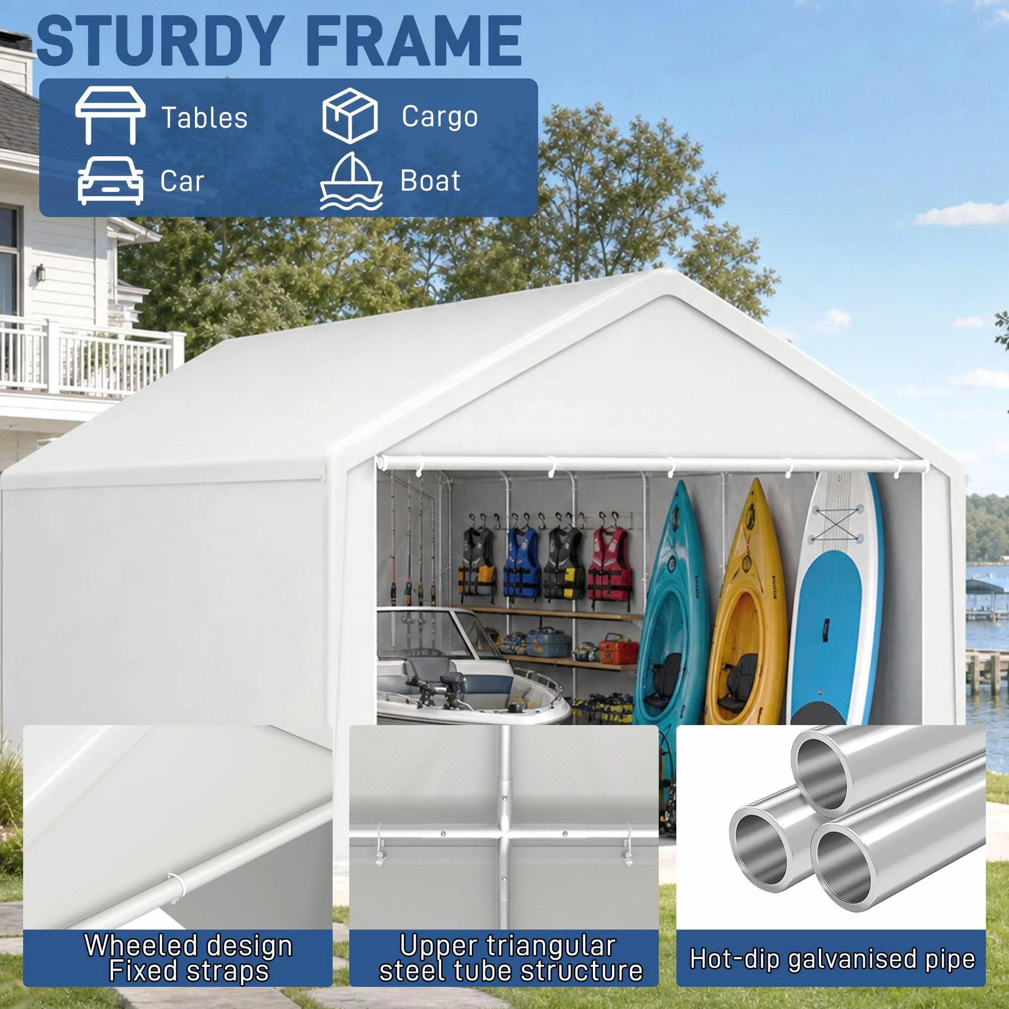 Aufun Carport impermeabile 3x4 m tetto in polietilene resistente agli strappi pareti laterali rimovibili UV grigio