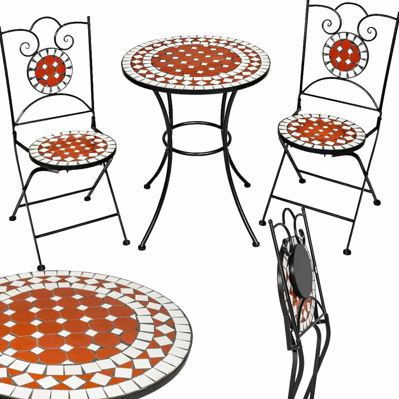 tectake Set da Giardino con Lavorazione a Mosaico, Tavolino e Sedie Pieghevoli, Telaio in Metallo, Marrone