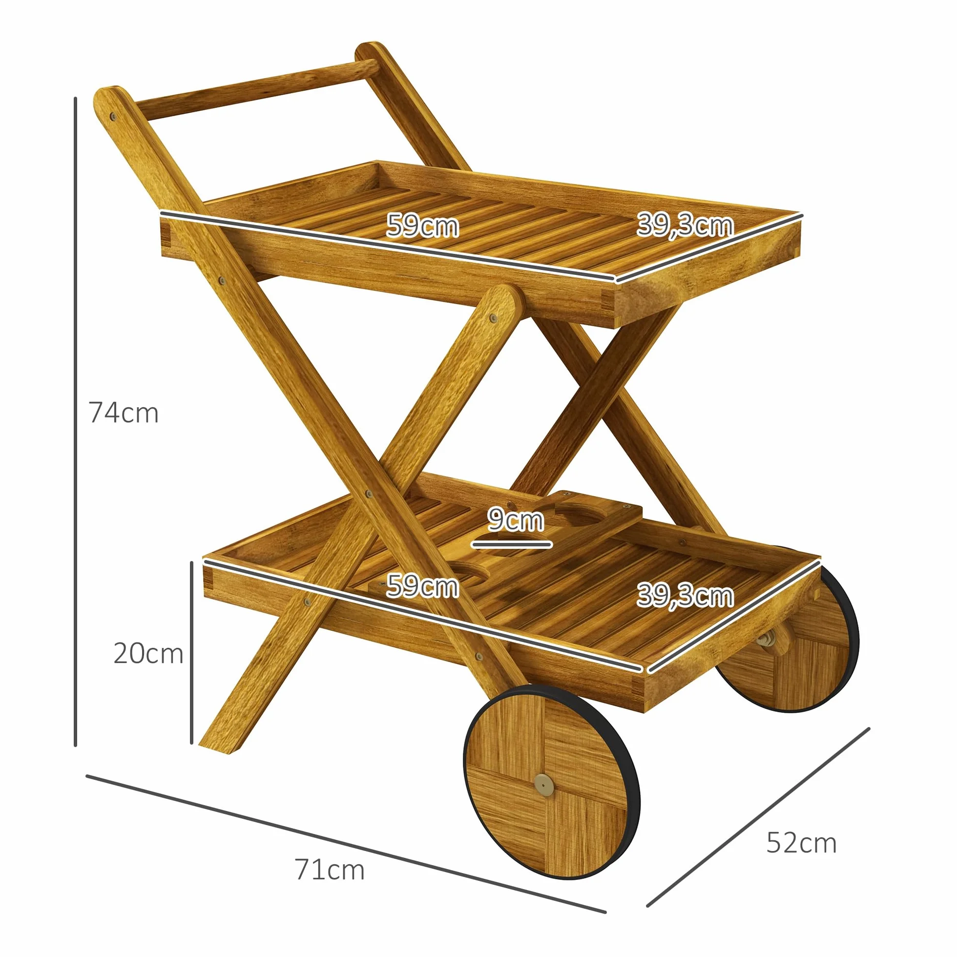 Outsunny Carrello da giardino barbecue legno 2 vassoi 52x71x74 cm