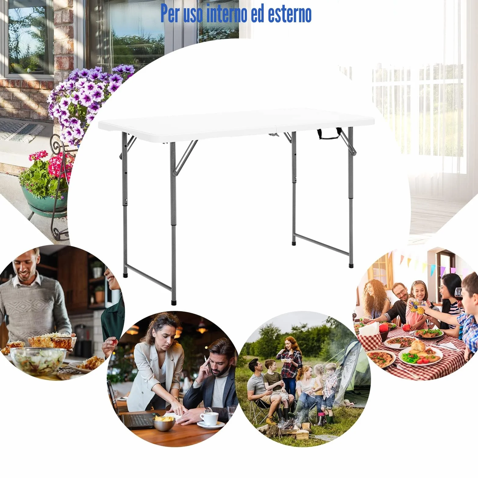 KOMFOTTEU Tavolo Pieghevole Regolabile in Altezza 120x60x74,5 cm Bianco HDPE Ferro Campeggio Picnic
