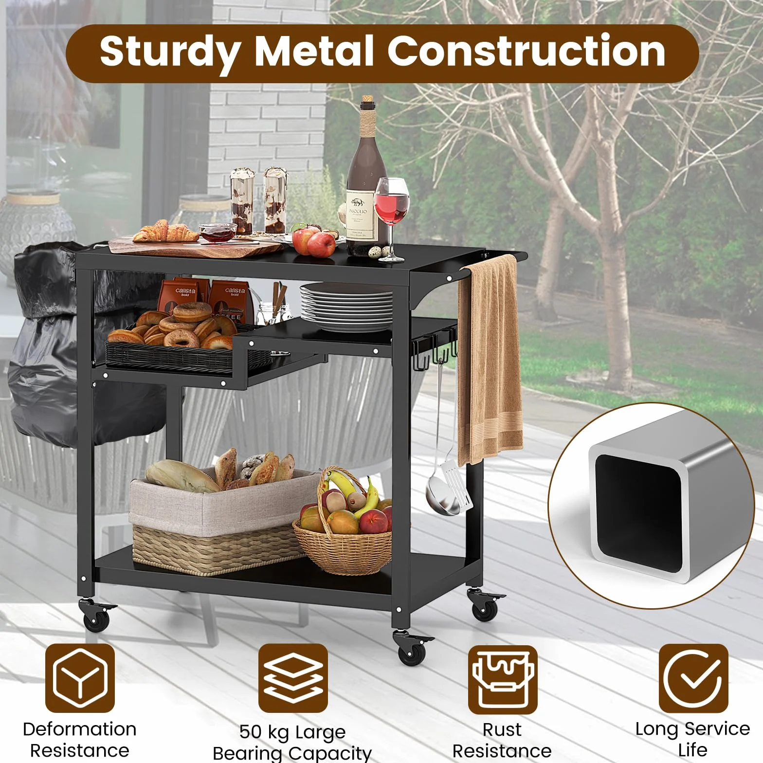 KOMFOTTEU Carrello Barbecue in Metallo, 4 Ripiani, 6 Ganci, Porta Sacchetti, Nero