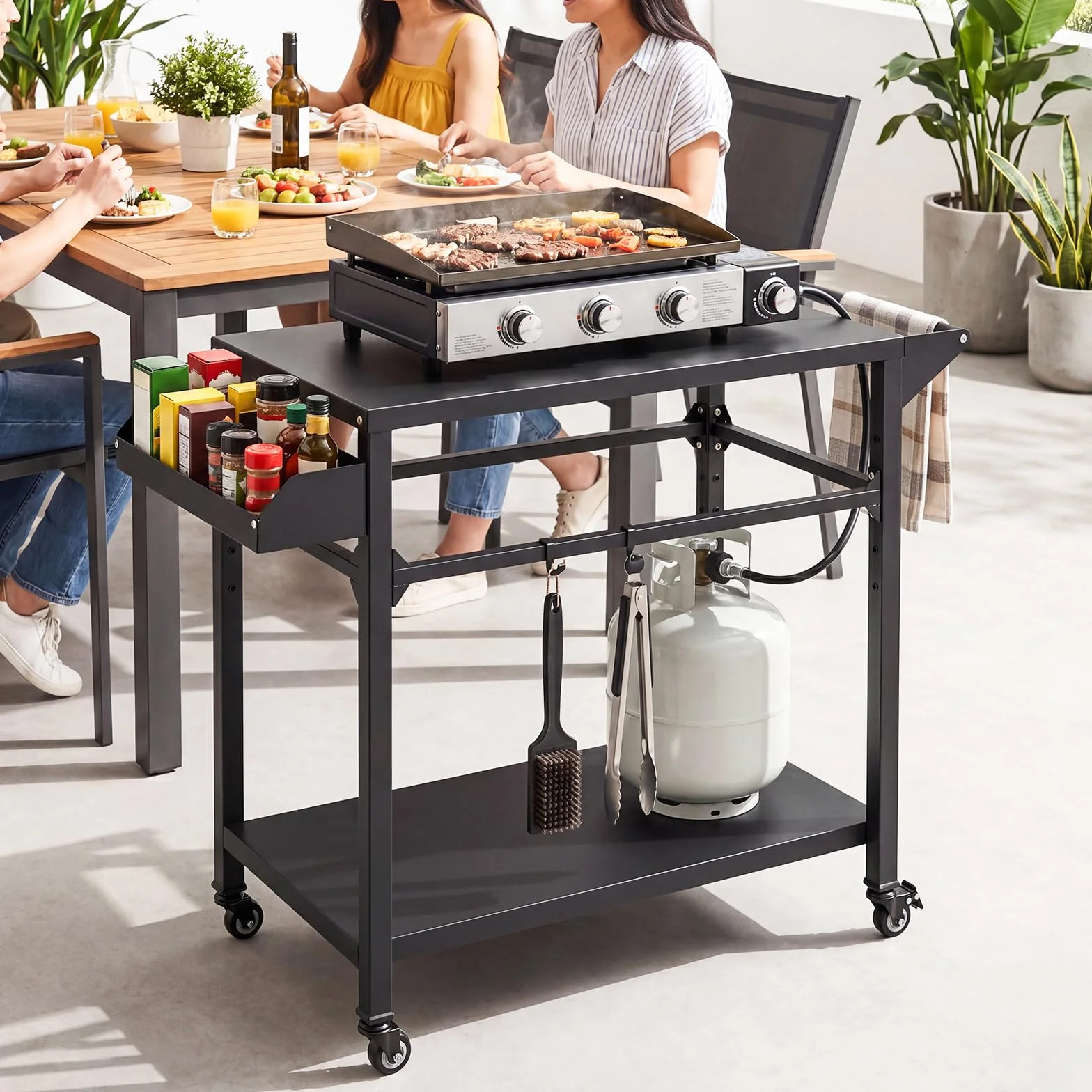 COSTWAY Carrello per Barbecue 4 Ruote, Carrello Cucina da Esterno BBQ Metallo 100x80x45 cm