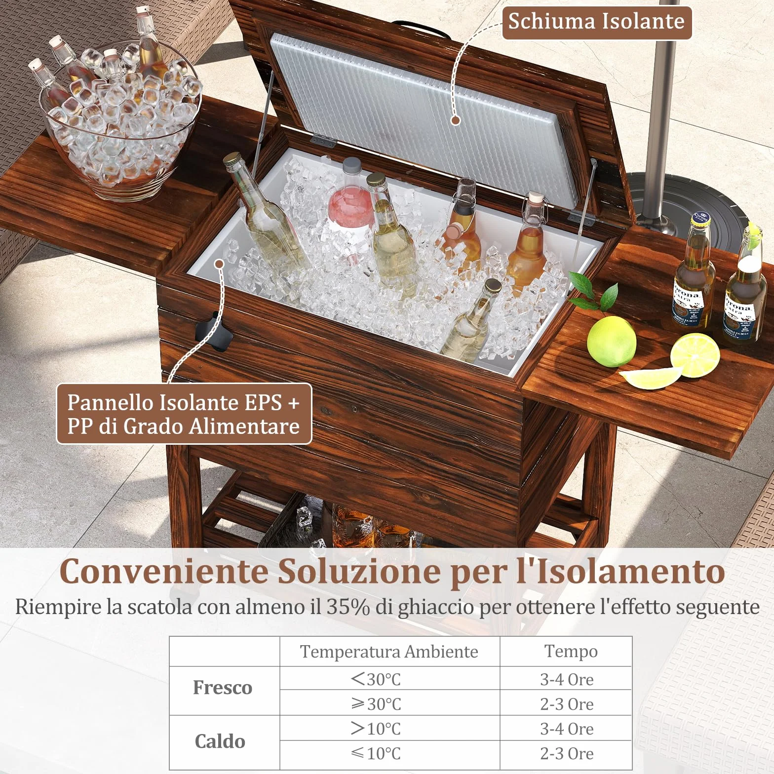 COSTWAY Carrello Porta Ghiaccio in Legno 51 L con Ripiani, Ruote Bloccabili e Apribottiglie