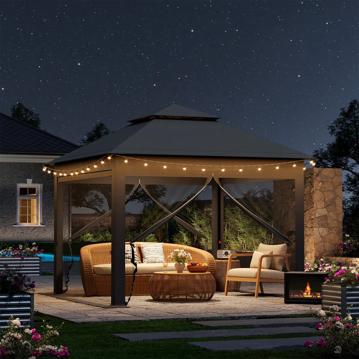 WOLTU Gazebo da Giardino 3x3 Pieghevole Impermeabile con Zanzariera Doppio Tetto Antracite