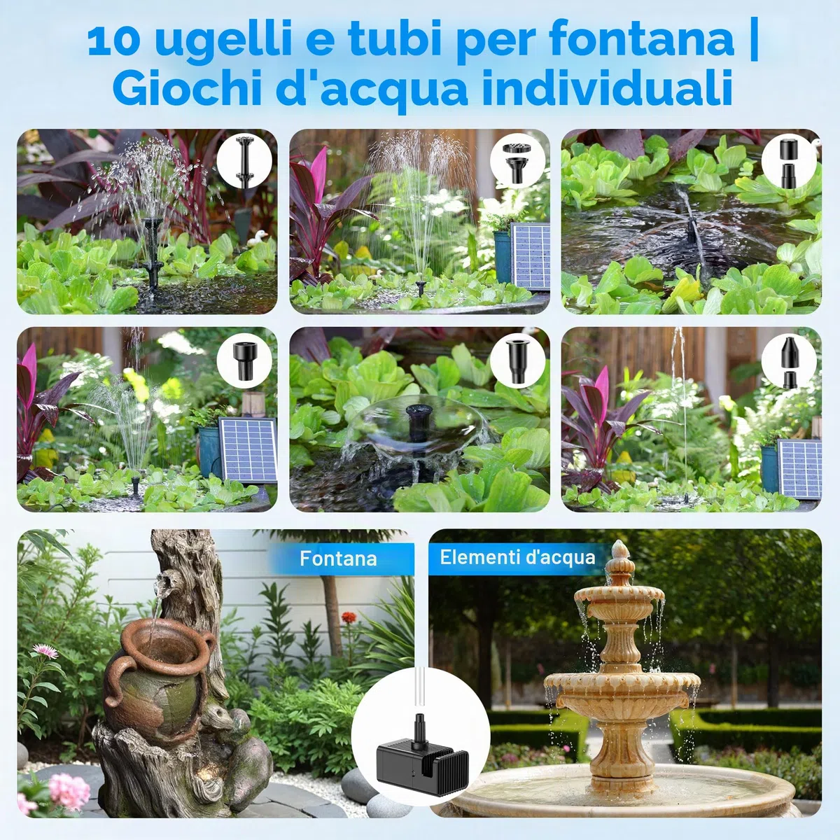 Pompa solare per laghetto 6 W con batteria 10 ugelli 500 l silenziosa fontana da giardino