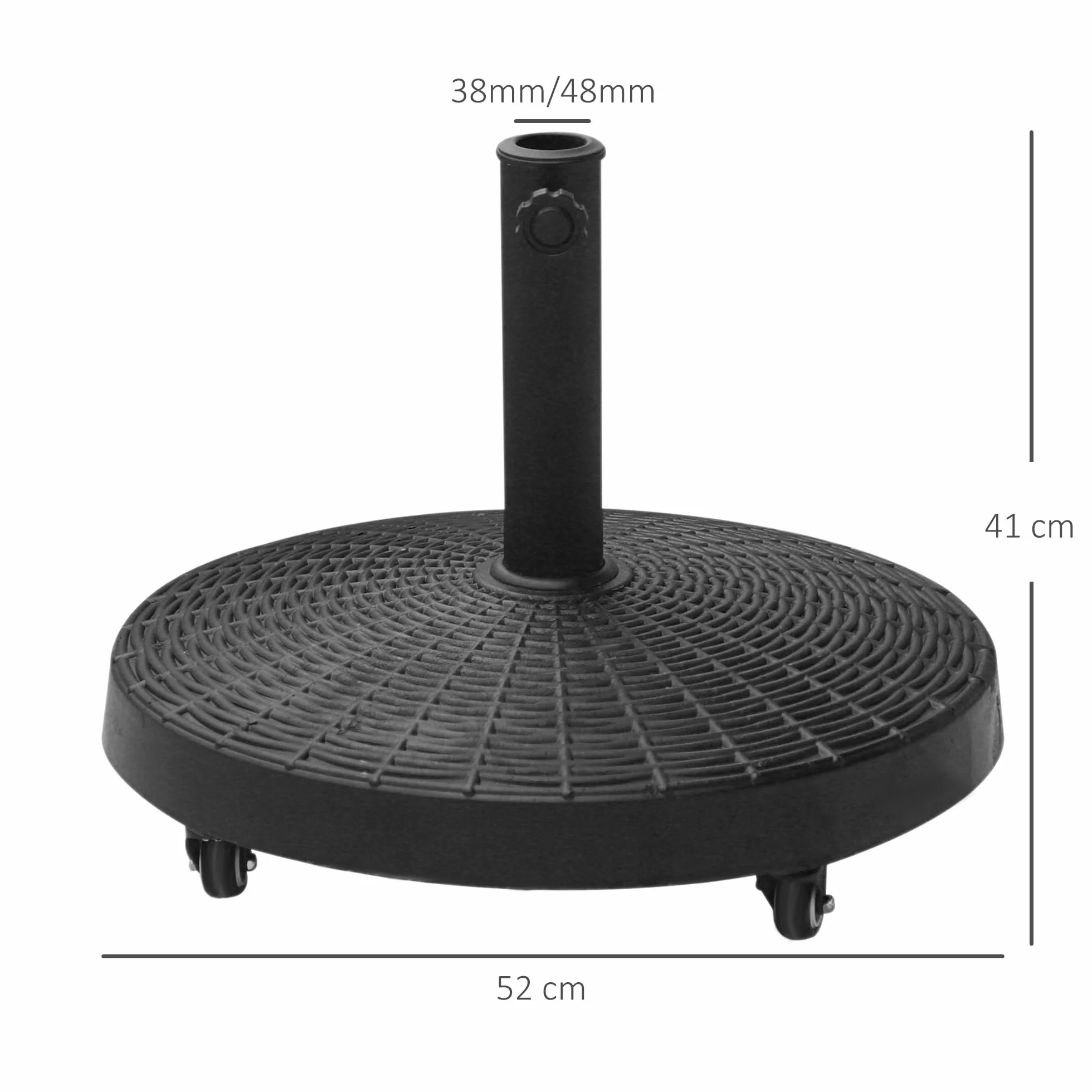 Outsunny Base per Ombrellone da Giardino Rotonda a 4 Ruote con Freni, Base Ombrellone in Metallo e Resina, per Pali di Ombrelloni da Ø38/48 mm, Ø52x41 cm, Nero