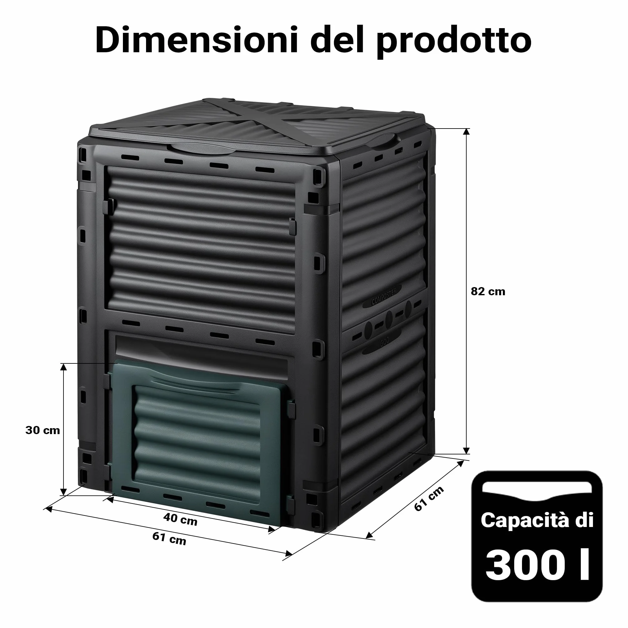 Wiltec Compostiera da 300 litri 61 x 61 x 82 cm, plastica giardino con coperchio e sportello