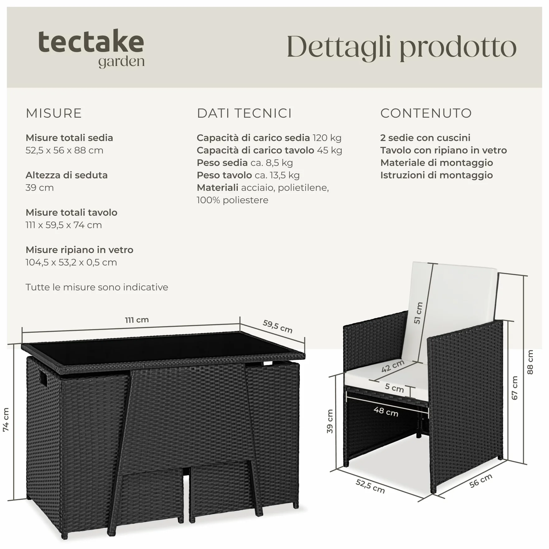 tectake Salottino Rattan Losanna Set da Giardino 2 Poltrone 1 Tavolo Acciaio Vetro Nero