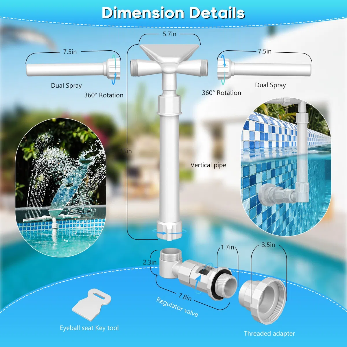 Mooroer Piscina Fontana 3 in 1, Cascata Fontana Sprinkler Piscina Regolabile a 360° per Piscine Fuori Terra e Interrate, Accessorio Piscina Compatibile con Raccordi di Ritorno I*tex/Col*m*n, Relax