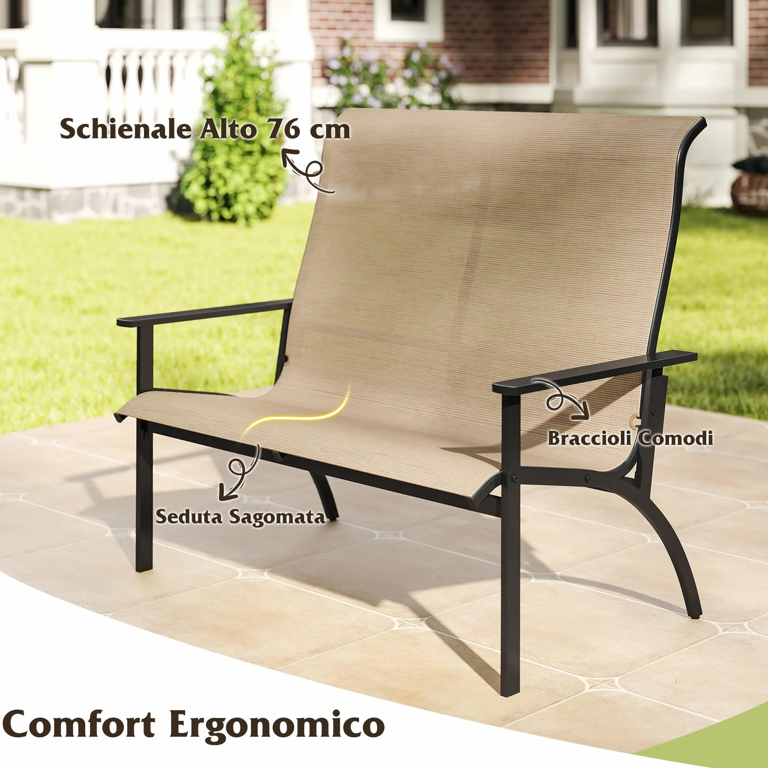 COSTWAY Sedia Esterno a 2 Posti, Panca da Giardino con Schienale Alto e Braccioli, Poltrona da Giardino a 2 Persone, per Terrazzo Patio Cortile, Portata 400 kg