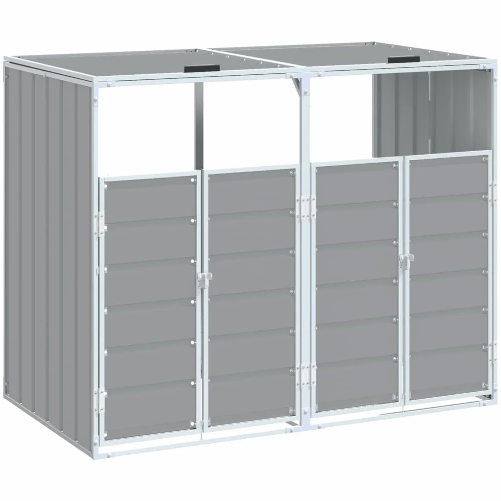 vidaXL Copribidone con Ruote per 2 Bidoni Grigio 144x81x113 cm Acciaio, copribidone singolo con ruote, copribidone da giardino, copertura per cassonetti
