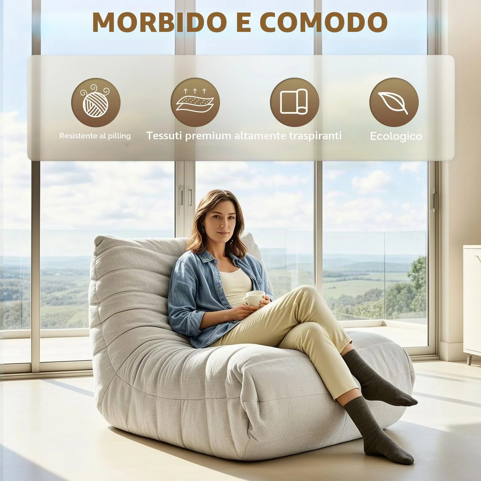 HealthRelife Bean Bag Togo Style Memory Foam Floor Sofa Beige