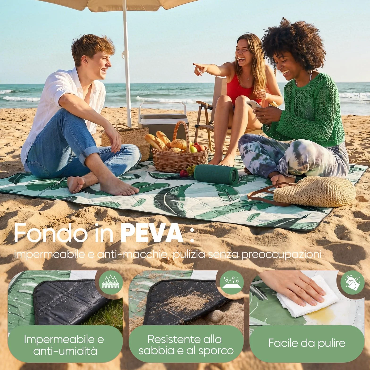 Sekey Coperta Picnic Impermeabile Grande 200x300 cm Antisabbia Imbottita PEVA per Picnic, Camping, Spiaggia